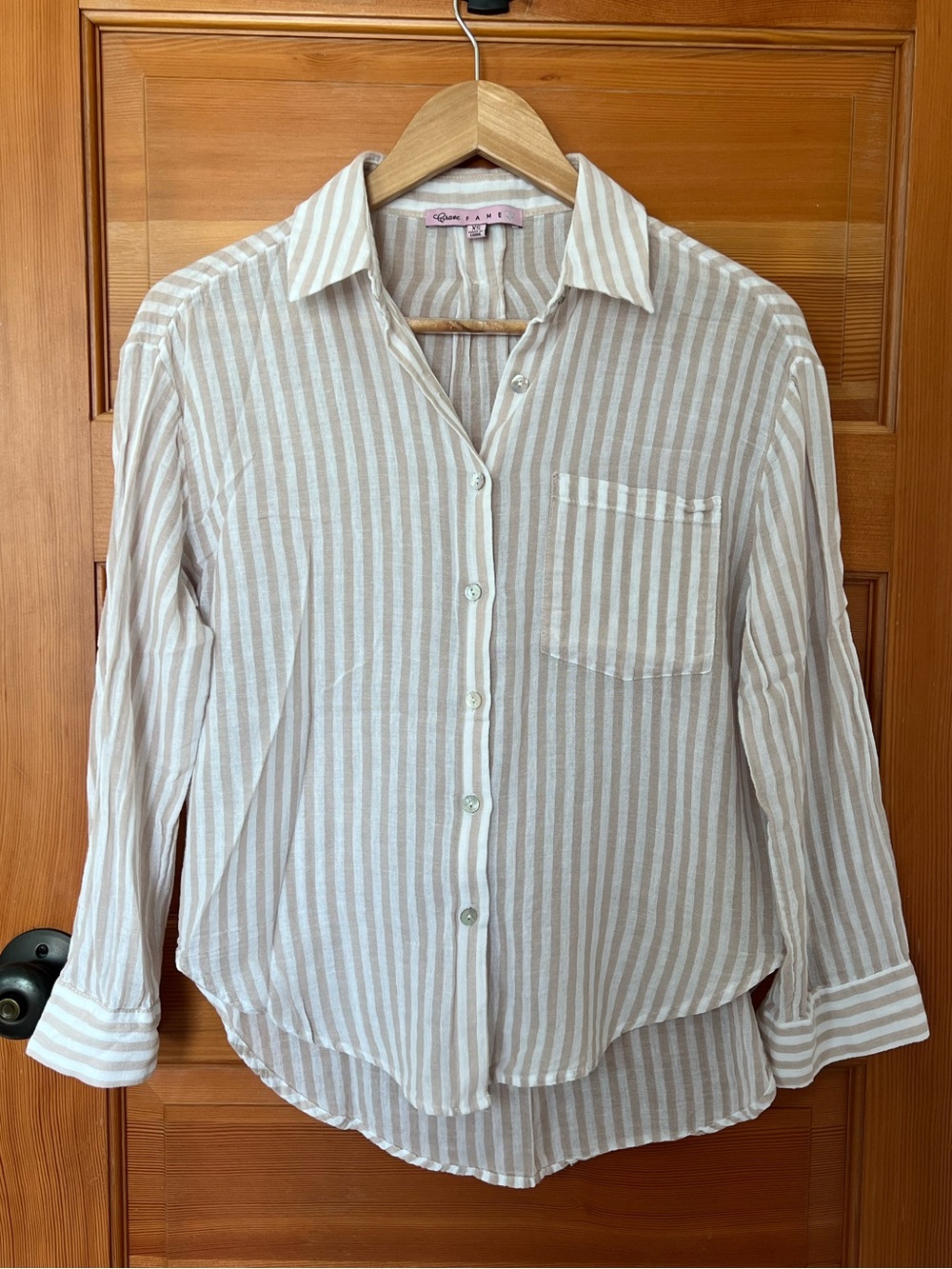 Crave Fame Tan & White Vertical Stripe Button-Down Shirt